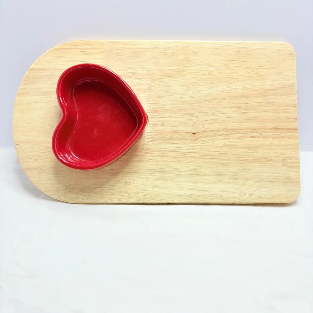 Heart-Shaped Red Bowl with Wooden Cutting Board
